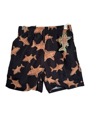 UZZI Boys Swim Trunks Size Small NWT Black Beige Shark Print